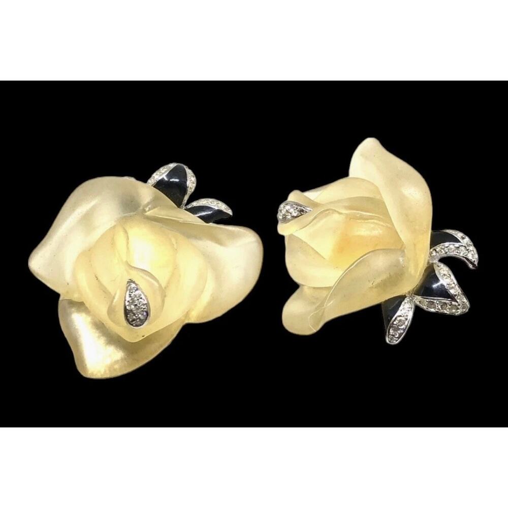 KJL Lucite Clip-on Earrings Kenneth Jay Lane Rose Clips Glow Flowers Vintage